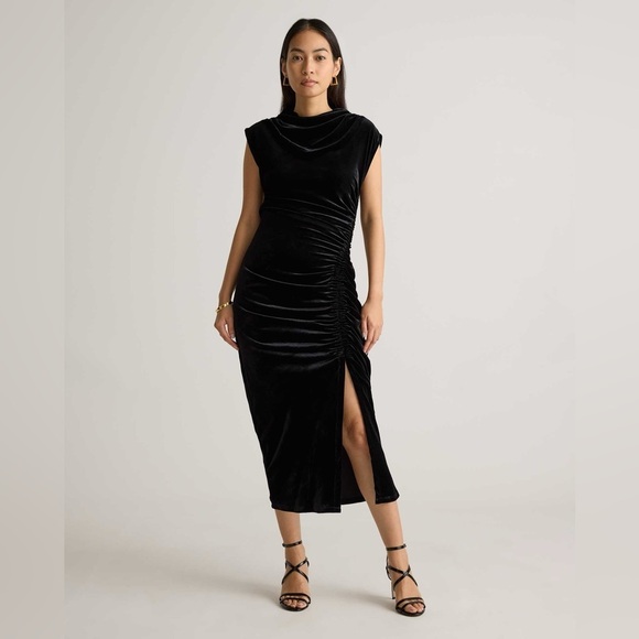Quince Stretch Silk Velvet Ruched Midi Dress black XL - Picture 1 of 14